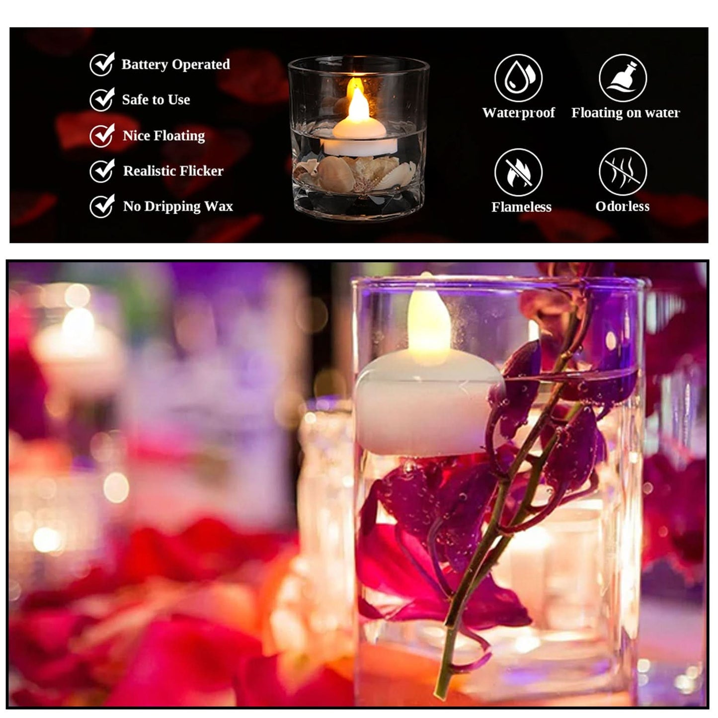 Set Of 12 Flameless Floating Candles Battery Operated Tea Lights Tealight Candles.