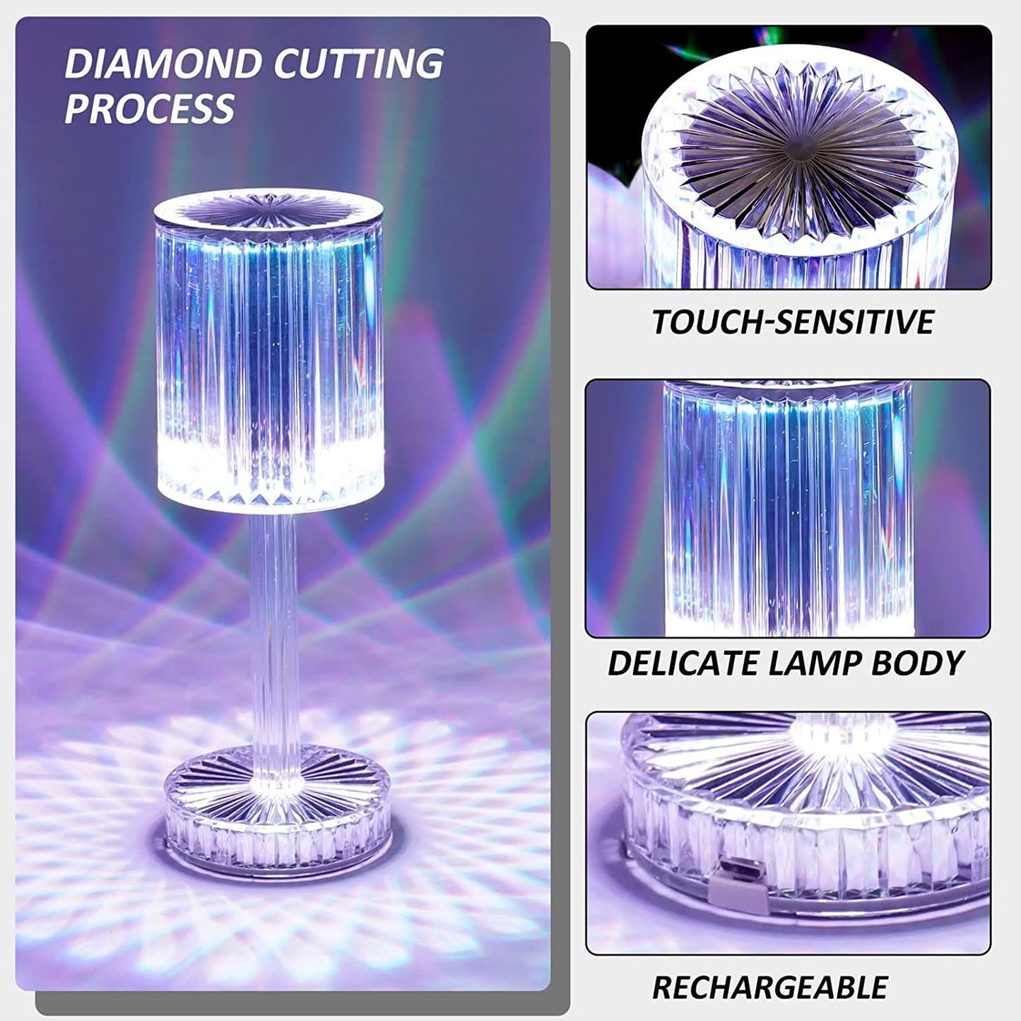 6605 Crystal Table Lamp Touch Control Atmosphere Nightstand Lamp With Usb Charging Line