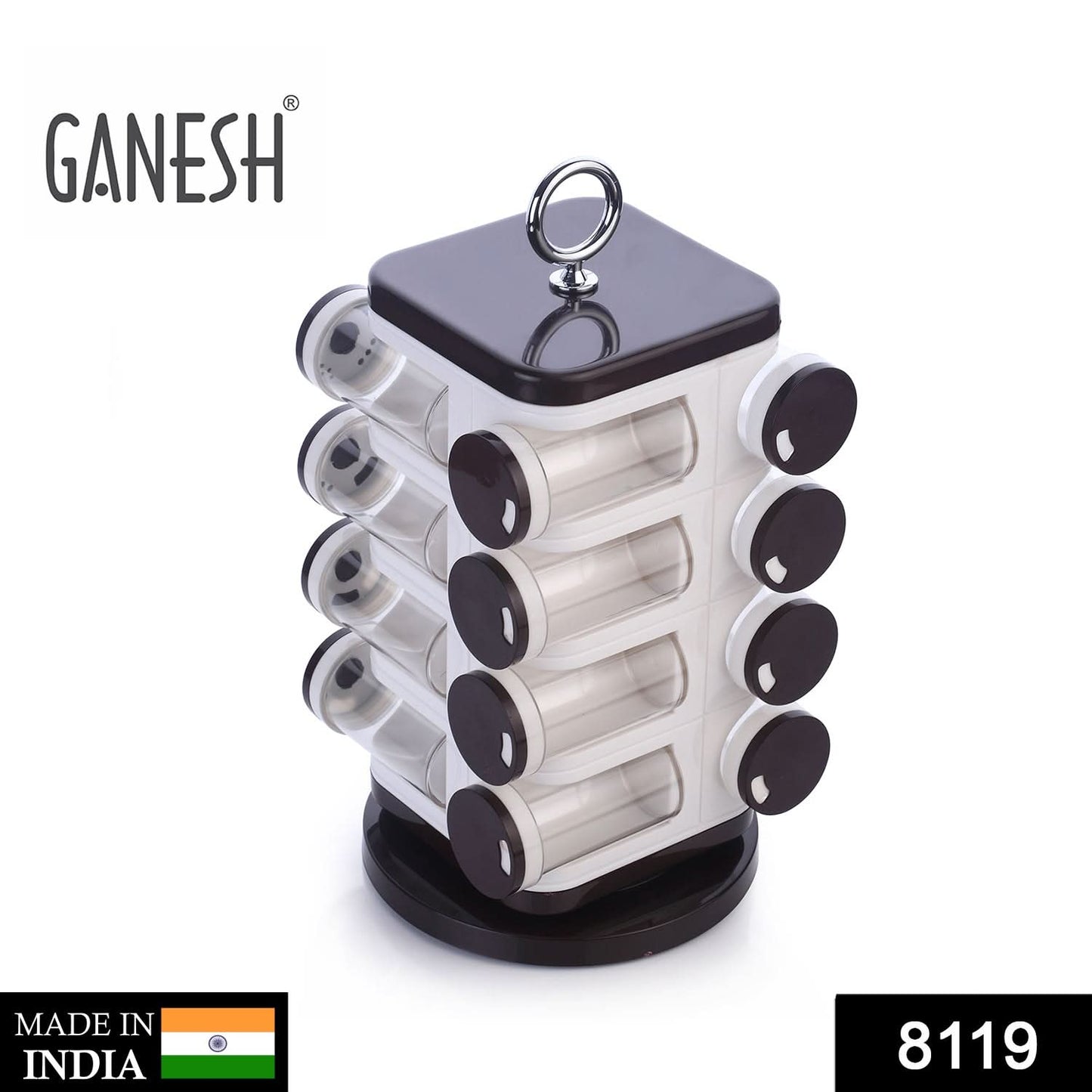 Ganesh Multipurpose Revolving Spice Rack With 16 Pcs Dispenser Each 100 Ml Plastic Spice Abs Material 1 Piece Spice Set 1 Piece Spice Set (Plastic)