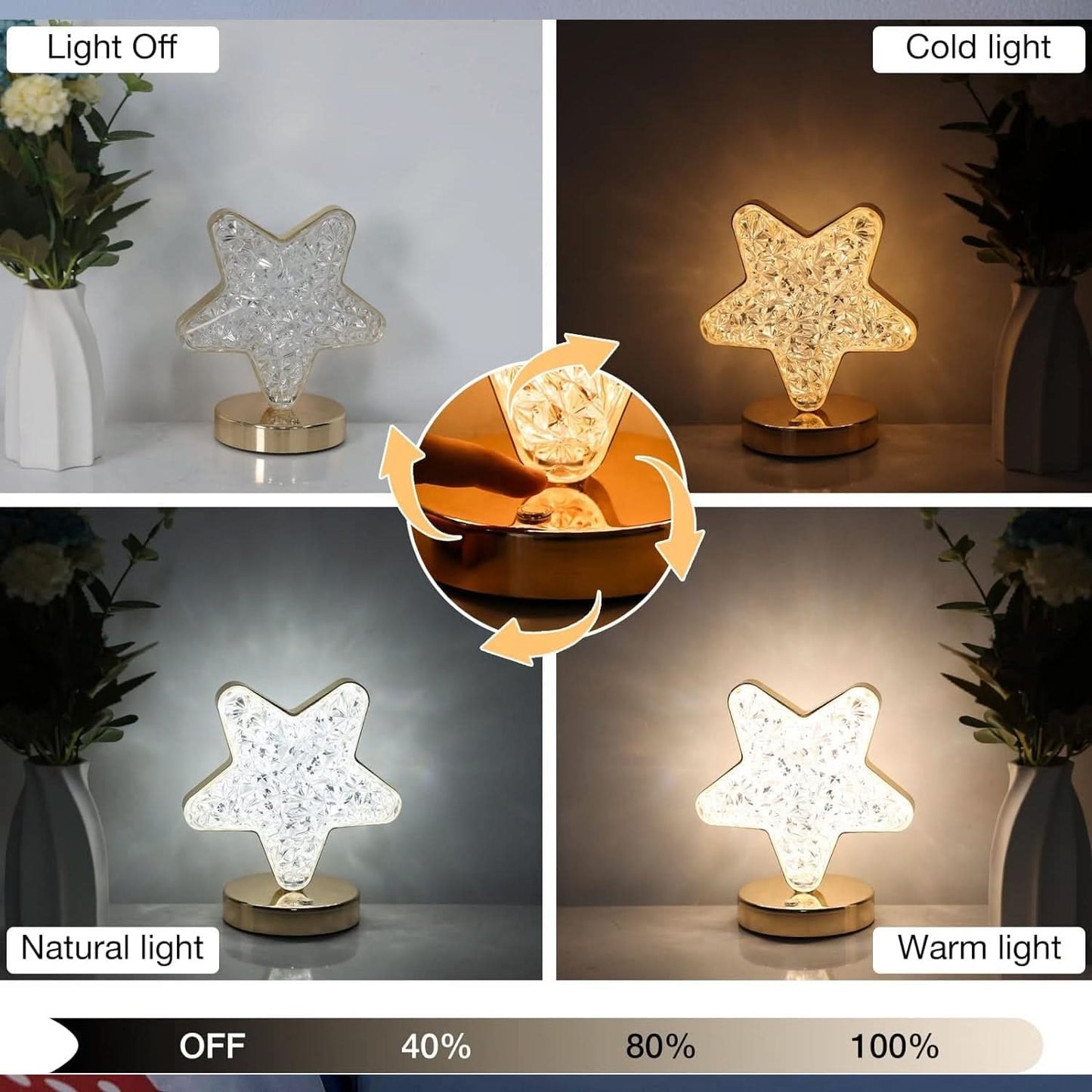 Star Shape Crystal Diamond Lamp Cordless With Usb Rechargeable 3-way Dimmable Touch Control  (1 Pc )