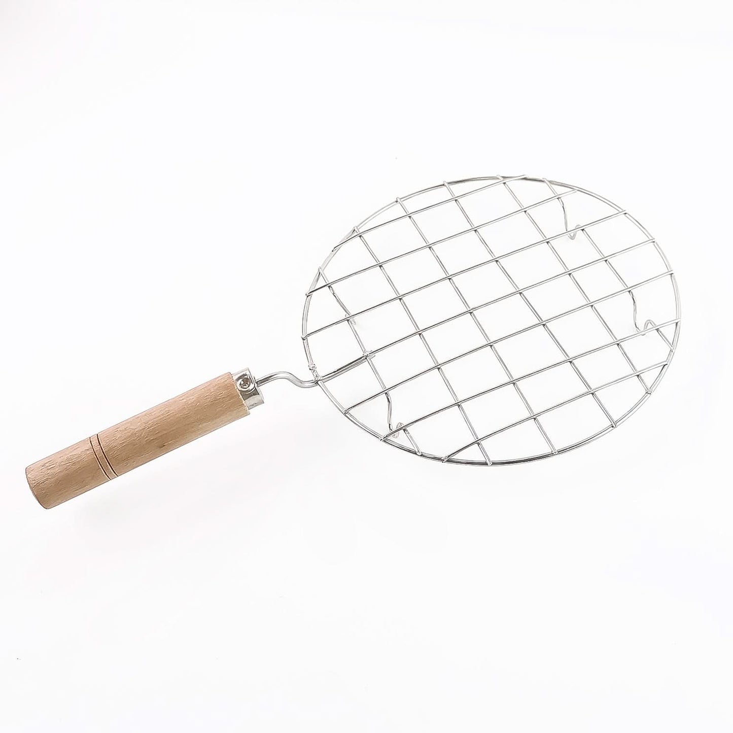 2085 Kitchen Round Stainless Steel Roaster Papad Jali Barbecue Grill With Wooden Handle